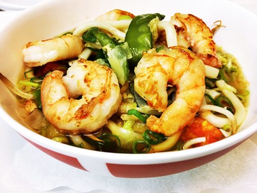 910. Ramen with Vegetables, Salmon and Shrimps